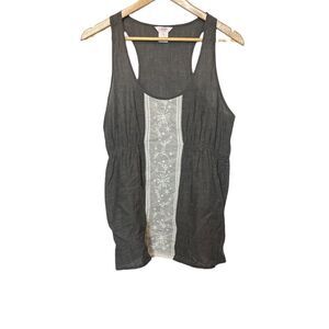 JOE FRESH Grey Cotton Eyelet Panel Racerback Scoop Neck Light Tank Top L